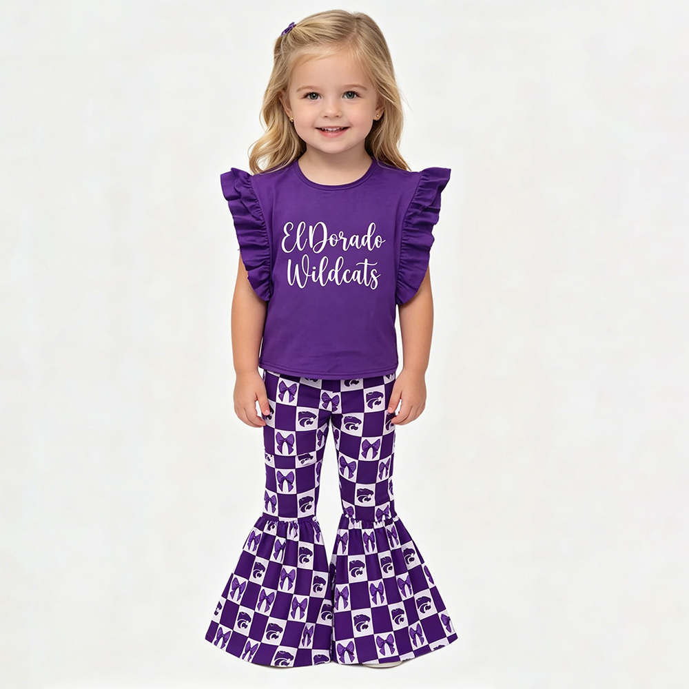(Custom Design Preorder MOQ 5) Teams Wildcats Purple Top Plaid Bows Bell Pants Girls Clothes Set