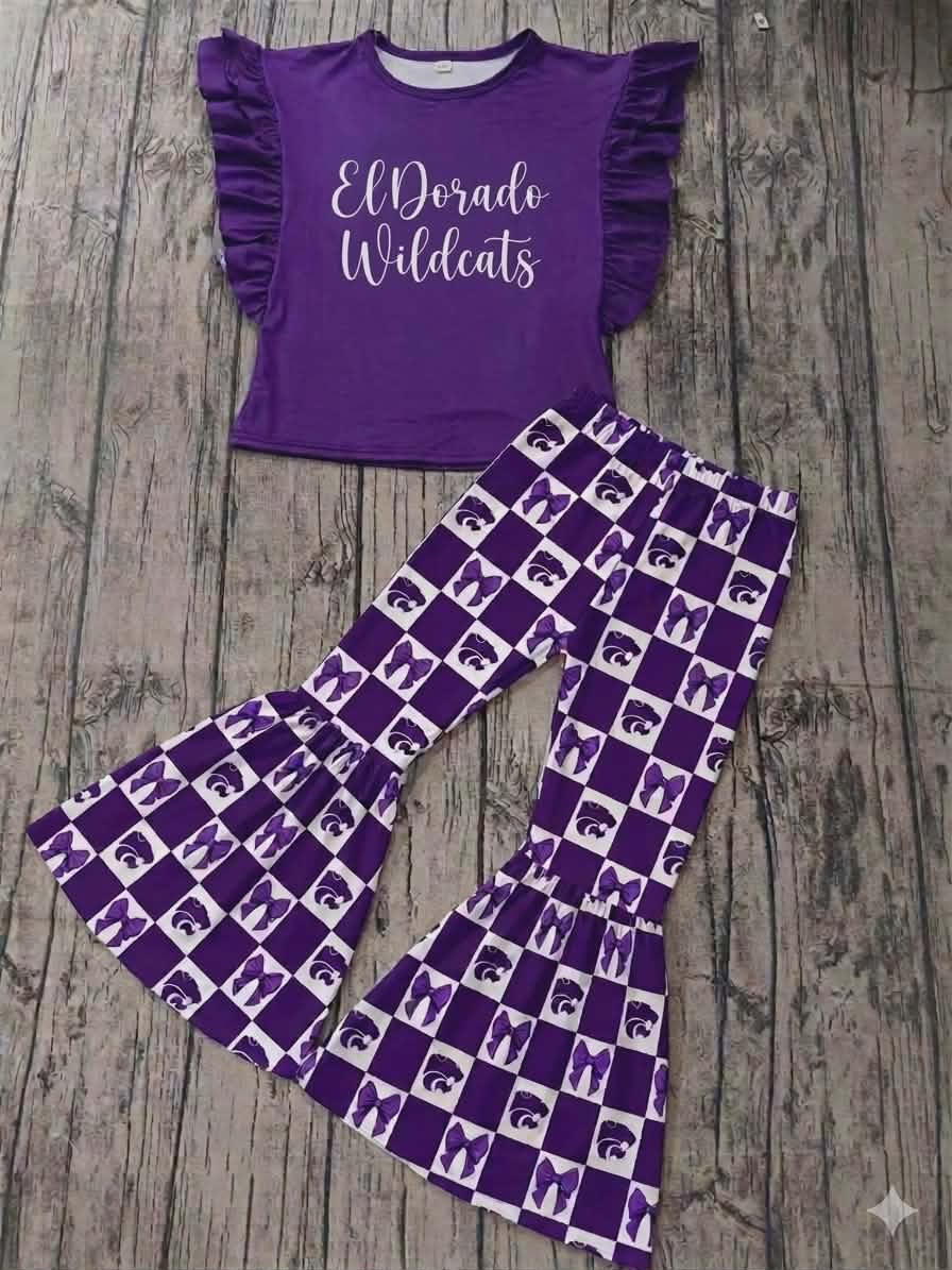 (Custom Design Preorder MOQ 5) Teams Wildcats Purple Top Plaid Bows Bell Pants Girls Clothes Set