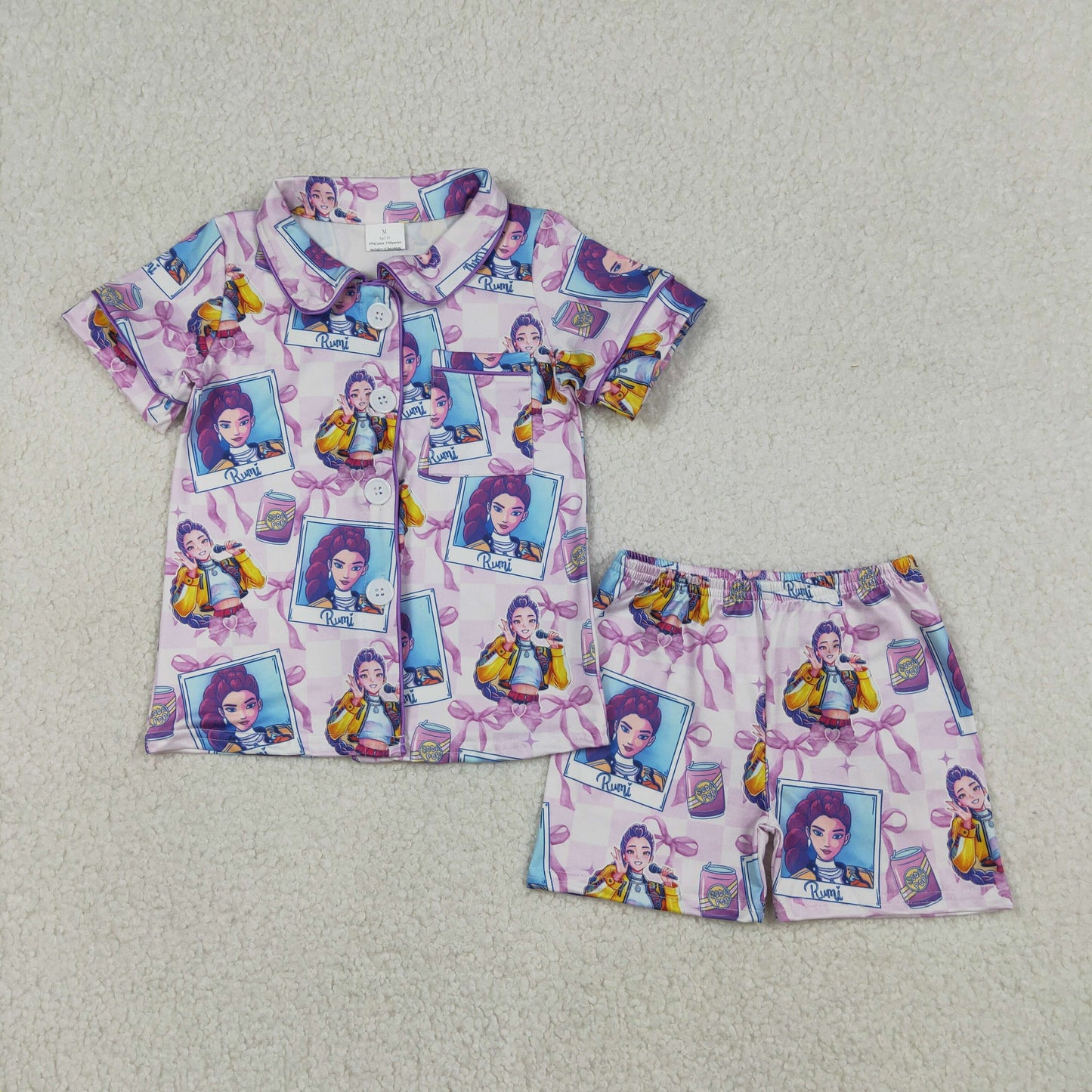 Sibling Baby Girls Demon Hunter Bows Button Shorts Pajamas Set Ruffle Knee Length Dresses